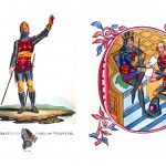 Composite of two paintings showing Thomas Beauchamp Earl of Warwick in a suit of armour and Edward third granting the principality of Aquitaine to his son Edward