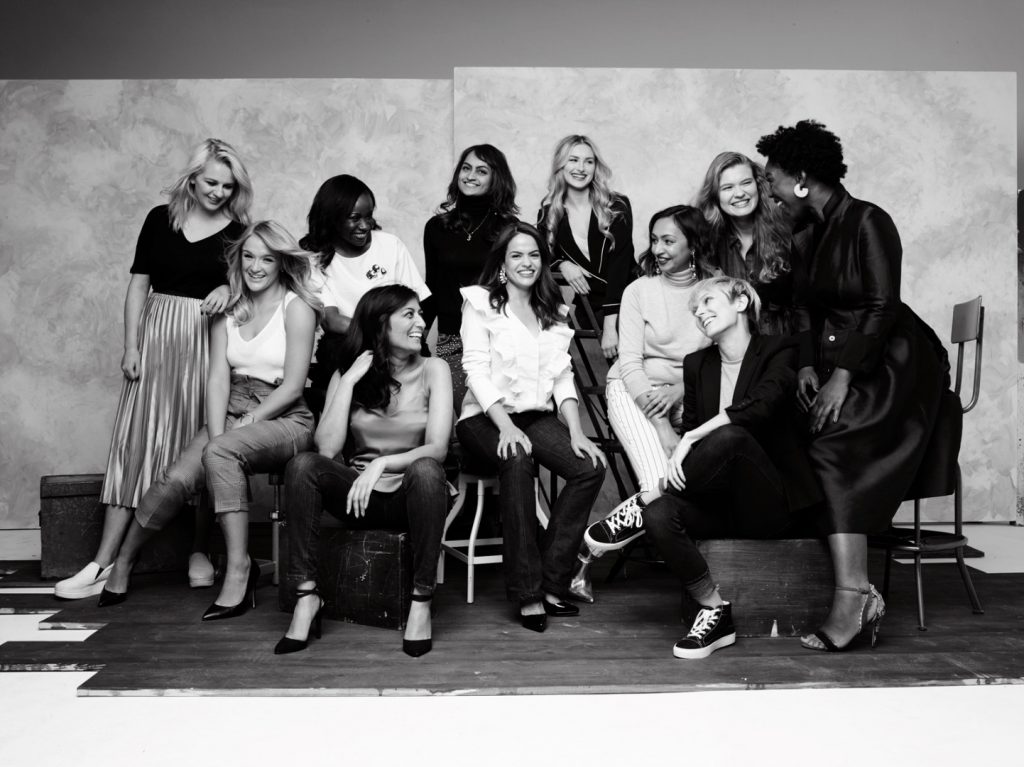 Black and white photograph of eleven successful female engineers on a photoshoot