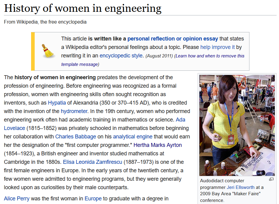 Screenshot from the Wikipedia page Women in Engineering