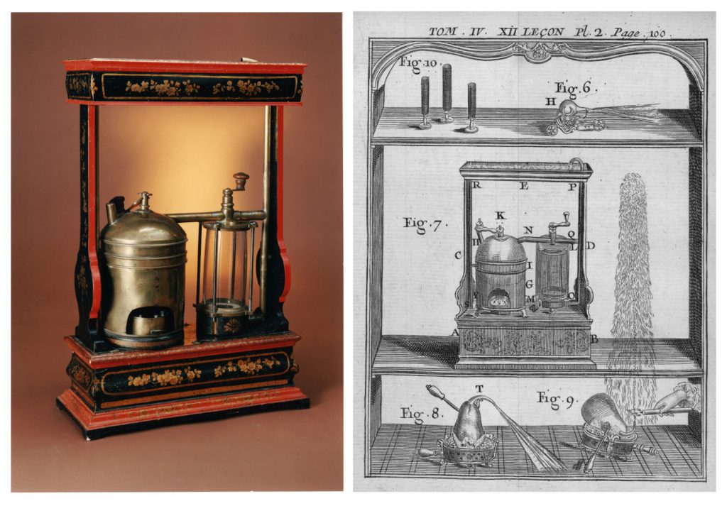 One colour photograph of Abb? Nollets cobustion pump from the late 1700s and one early engraved design of a similar combustion pump