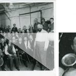 Black and white photograph of the Berlin Philharmonic Orchestra with their instruments in a Gramophone recording studio with a close up of the horn of a stroh violin