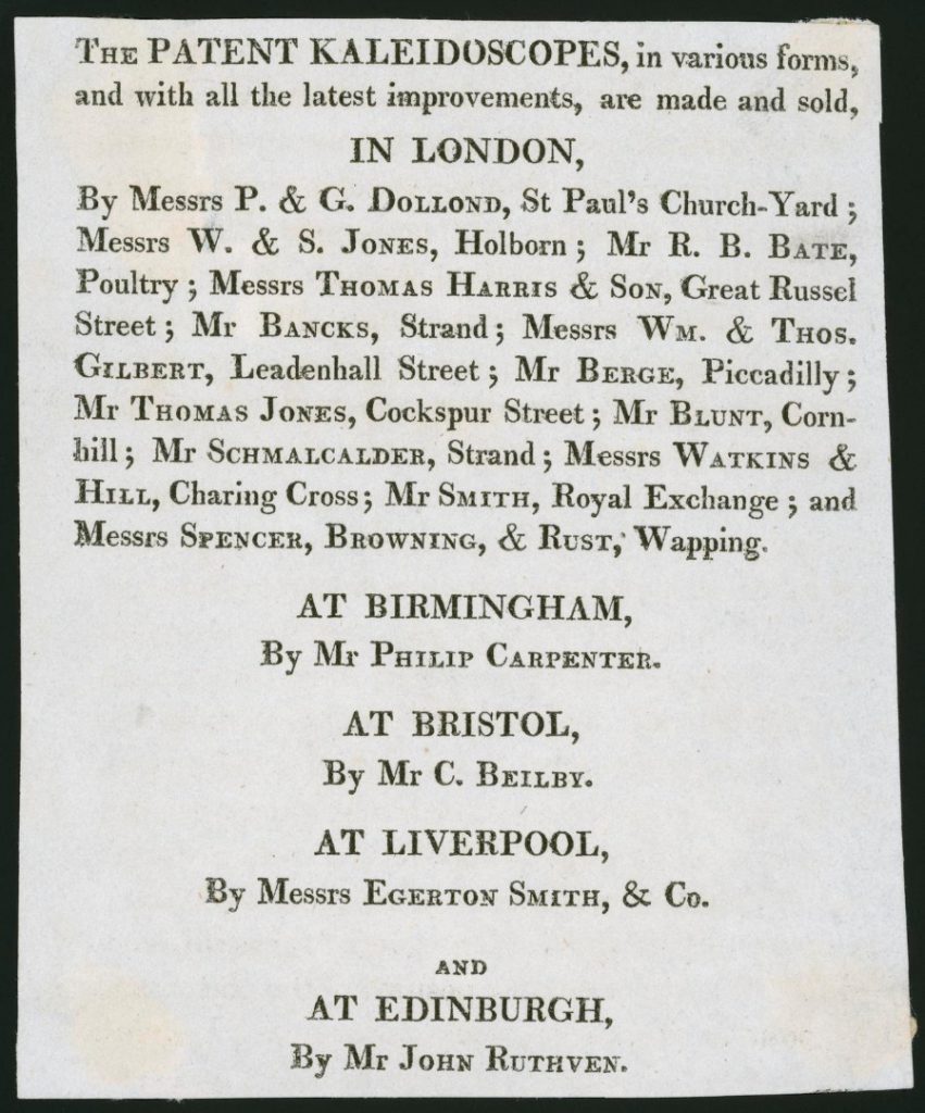 Advertising leaflet giving the names of patent kaleidocope makers across Great Britain