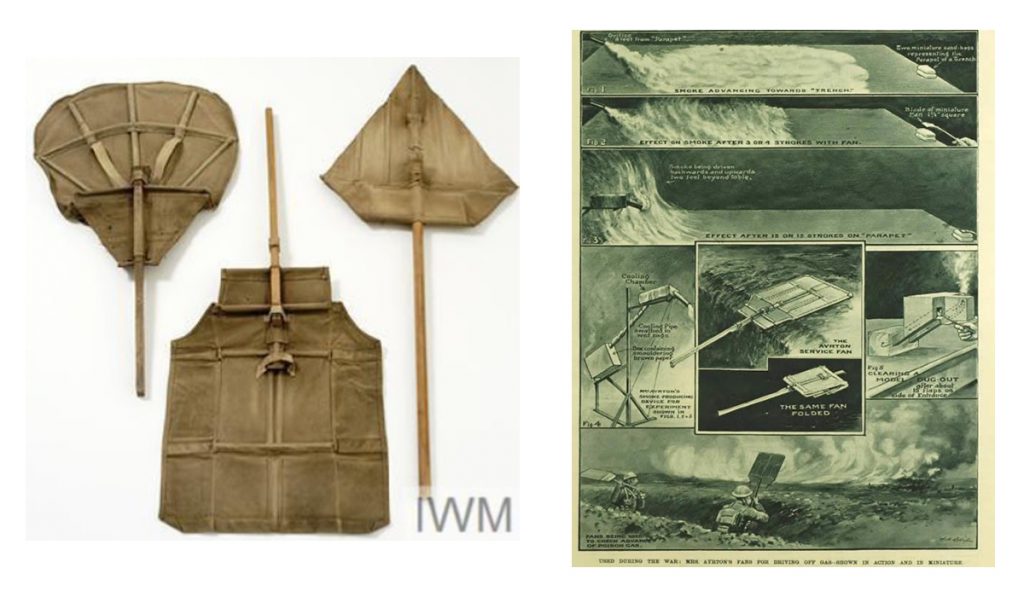 Composite of two images showing a fabric fan for dispersing gas and an illustration demonstrating the fans use on the battlefield
