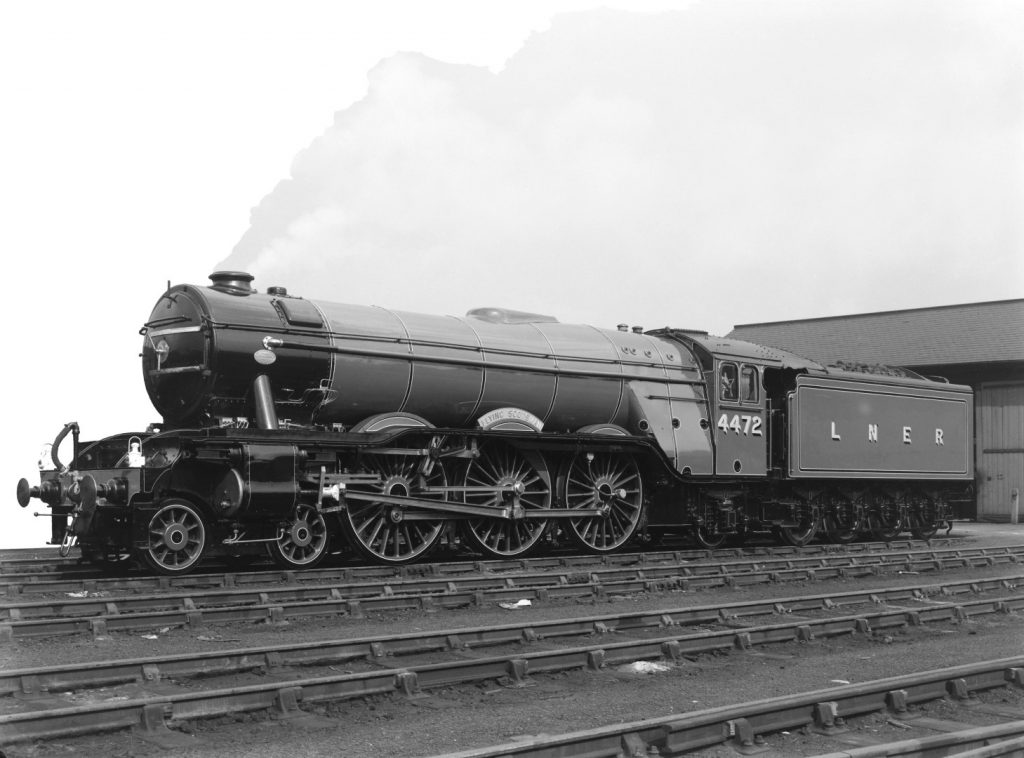 Black and white photograph of the Flying Scotsman steam train after restoration in the 1960s
