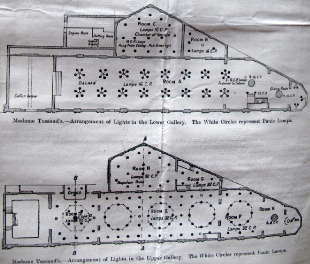 Black and white building plan illustration showing the lighting arrangement at a gallery of Madame Tussauds