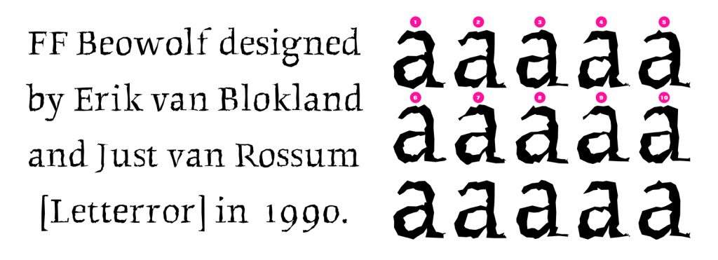 Beowolf typeface showing that each character repeats its shape after ten variations