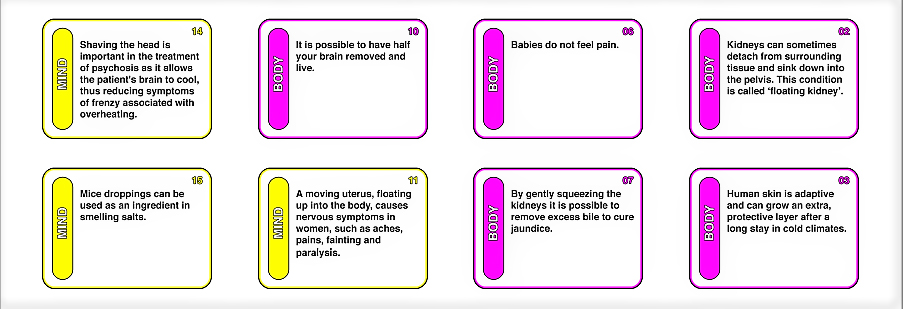Computer generated image showing typical cards of the medical history game