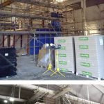 A set of two colour photographs showing Colour photograph showing installation of the precast panels on the steel storage structure
