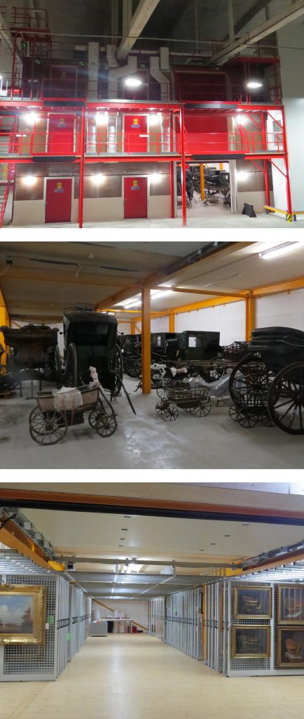 A set of three colour photographs showing the newly completed storage area in use