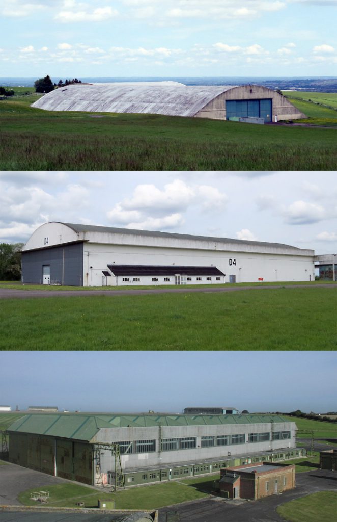 A set of three colour photographs showing the outdoor storage warehouse units at Wroughton