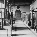 Black and white photograph showing a very early exhibition of scientific instruments at the Science Museum