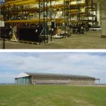 A set of four colour photographs showing a large green storage hangar