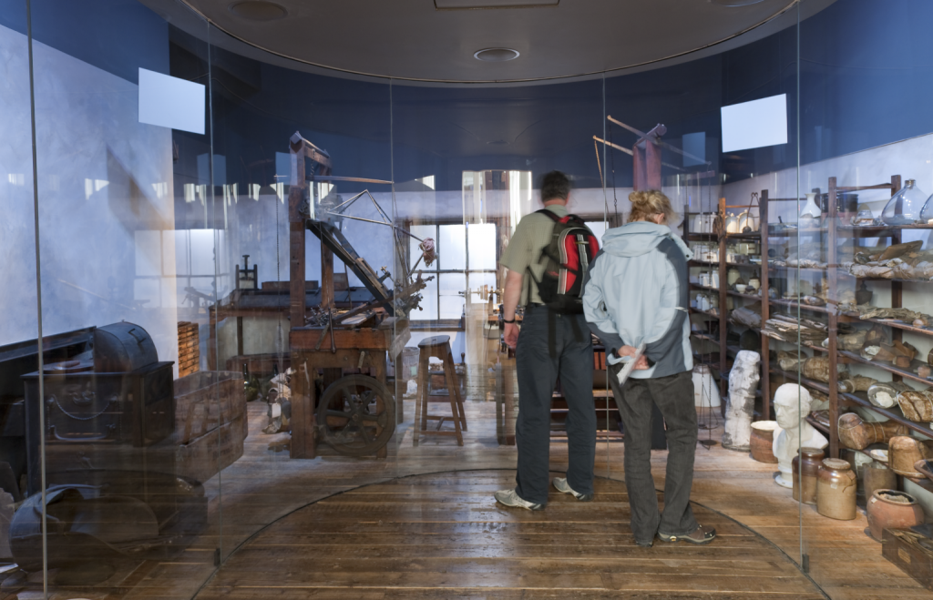 Photograph of Watt's workshop in situ in the new Watt exhibition at the Science Museum
