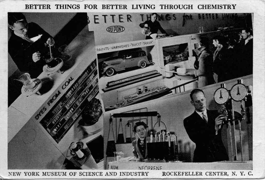 Black and white photographic postcard showing practical uses of chemistry and the caption better things for better living through chemistry