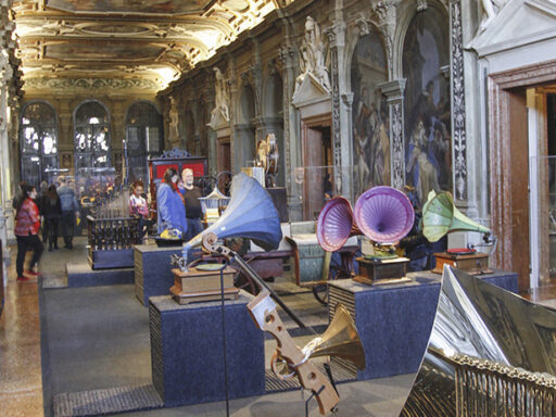 Colour photograph of exhibits in the Art or Sound exhibition within the Fondazione Prada museum in Venice