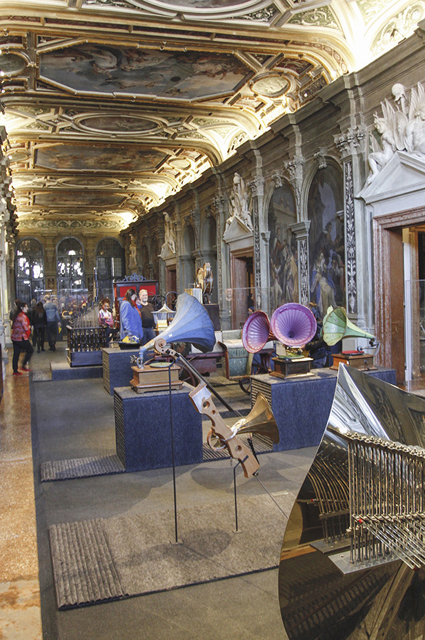 Colour photograph of exhibits in the Art or Sound exhibition within the Fondazione Prada museum in Venice