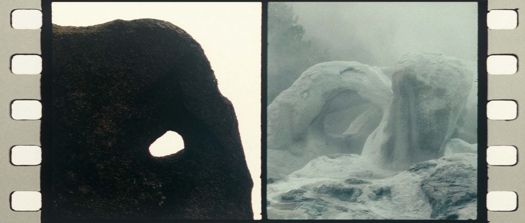 Film still composite of two photographs showing natural holes in rock and ice