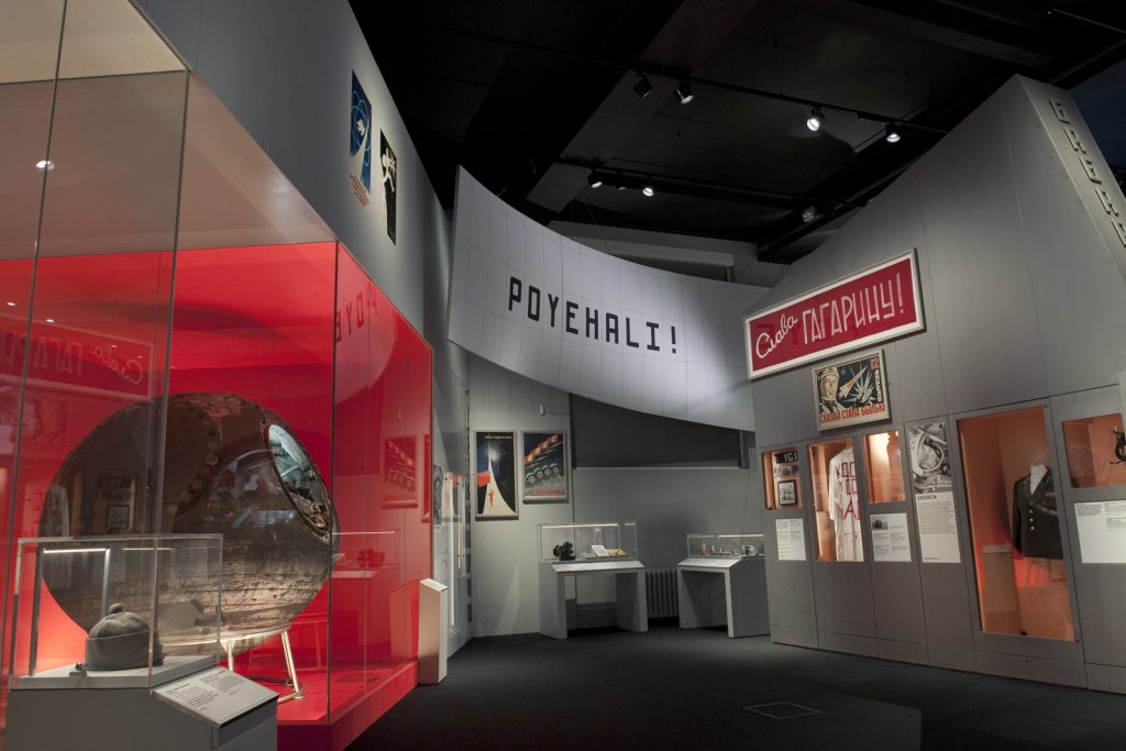 Colour photograph of a section of the Cosmonauts exhibition showing one of the landing craft