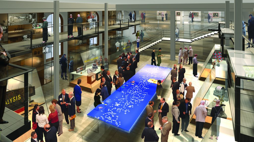 A computer generated design proposal for the Chemical Heritage Foundation including an interactive media table in the centre of the room