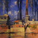 Oil painting of an industrial waterside scene showing smoking pot stacks