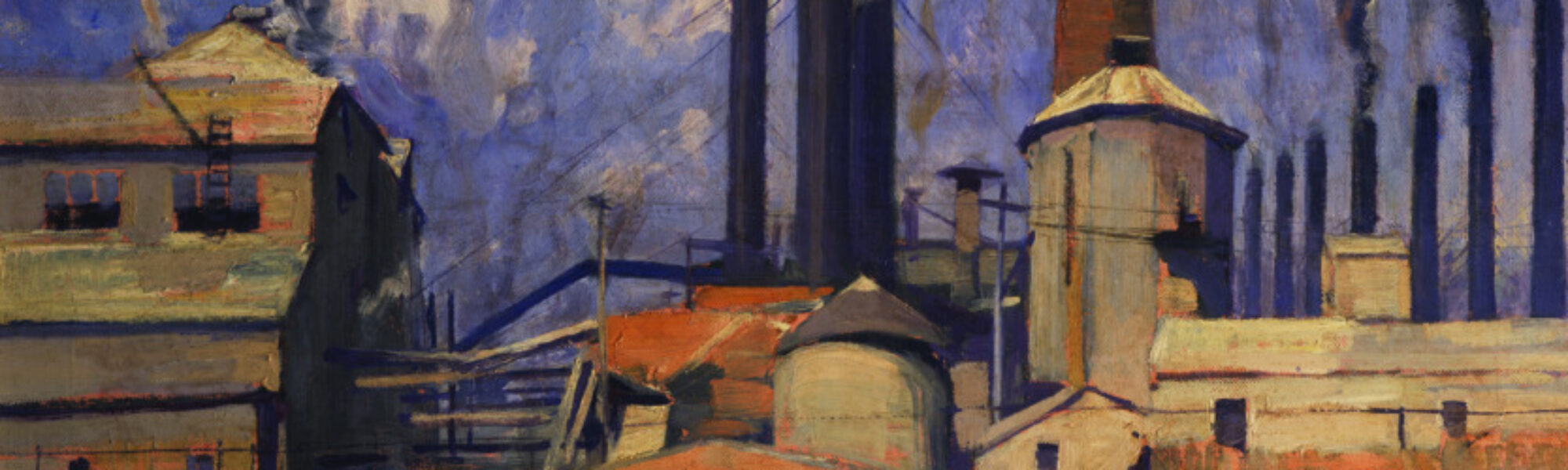 Oil painting of an industrial waterside scene showing smoking pot stacks