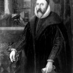 Black and white near full length portrait of John Dee holding a scroll