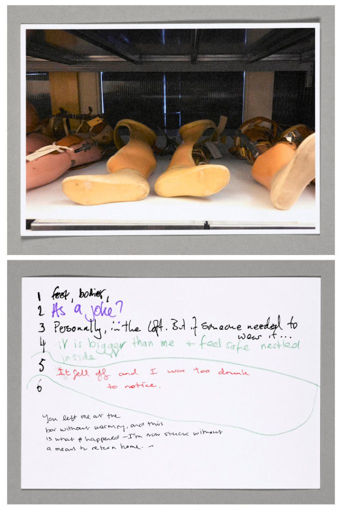 Postcard showing an image of prosthetic limbs and hand written answers to questions