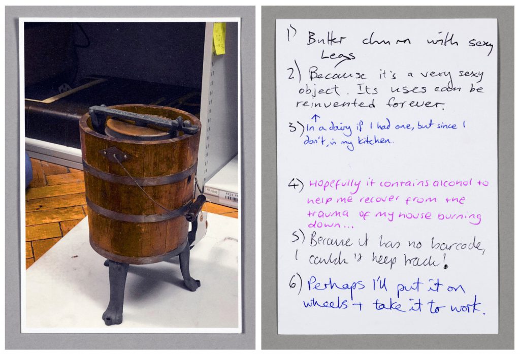 Postcard showing an image of a wooden butter churn and hand written answers to questions