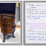 Postcard showing an image of a wooden butter churn and hand written answers to questions