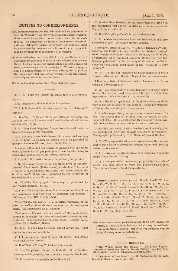 Typewritten page from Science Gossip entitled Notices to Correspondents from 1866