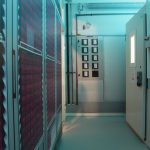 Colour photograph of the corridor of a medical refrigeration facility
