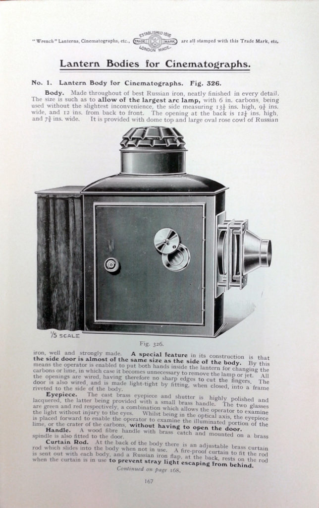 Page from a 1908 magazine showing an illustration of a lantern body for a cinematograph