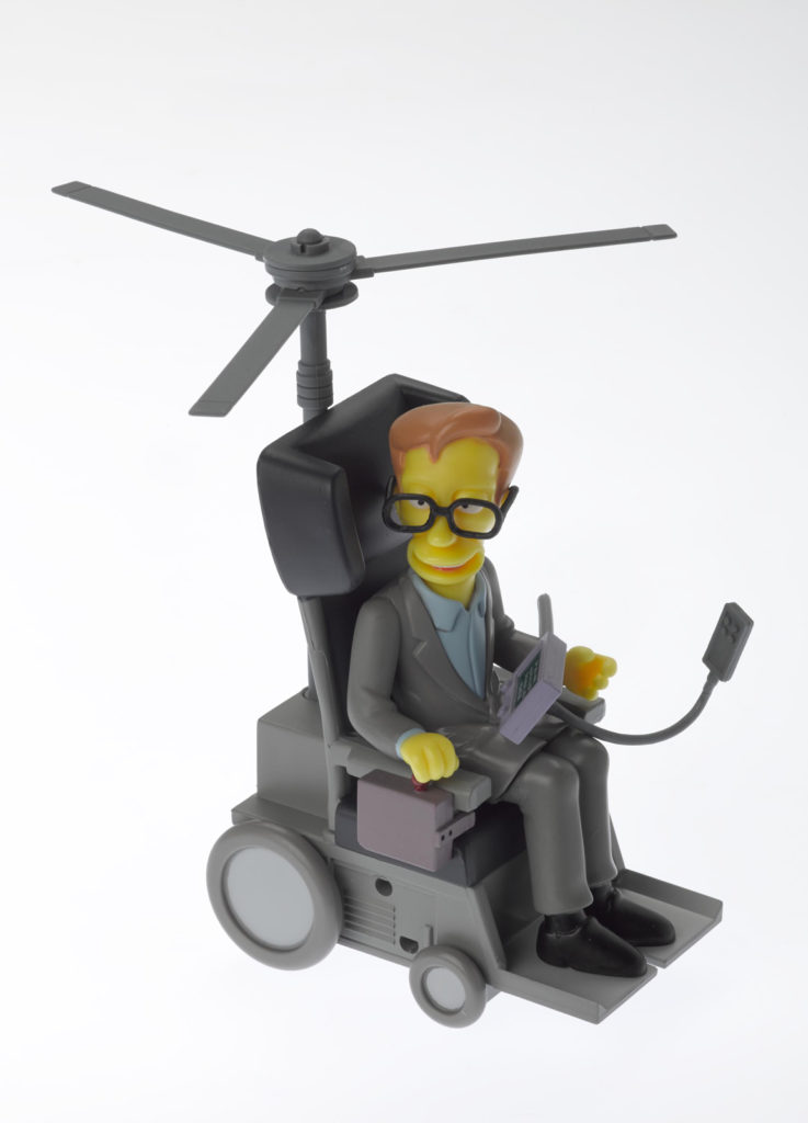 Colour photograph of a Simpsons style Stephen Hawking miniature model