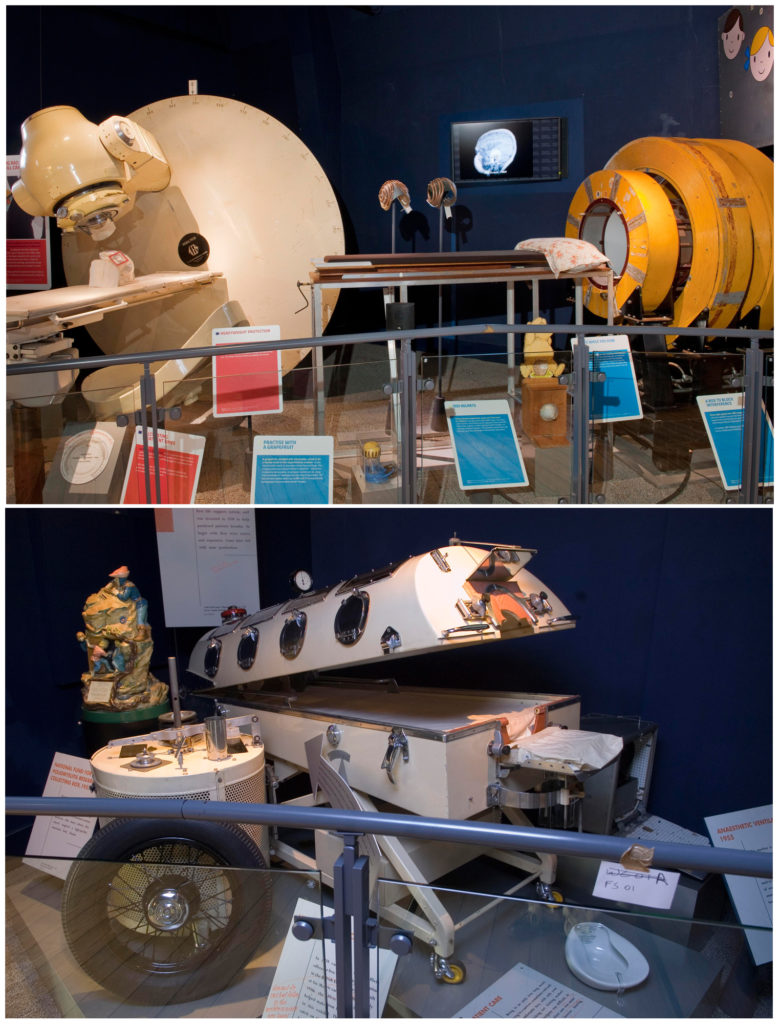Two photographs of gallery views of the Health Matters exhibition at the Science Museum