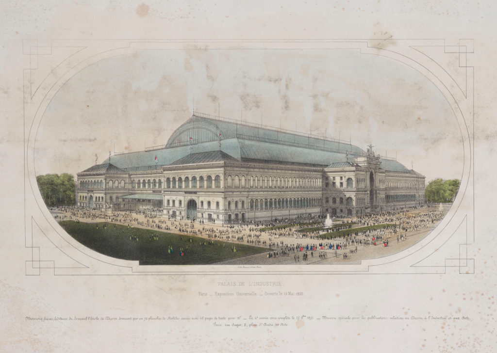 Colour lithograph of the Palace of Industry in Paris mid nineteenth century