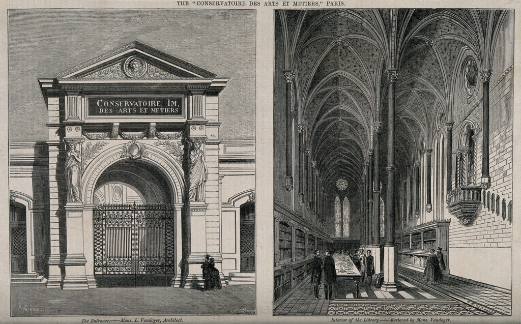 Plate engraving showing the entrance and interior of the Conservatoire des arts et métiers in Paris