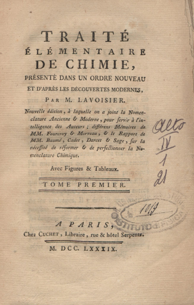 Front cover of the Elementary Treatise on Chemistry from 1789
