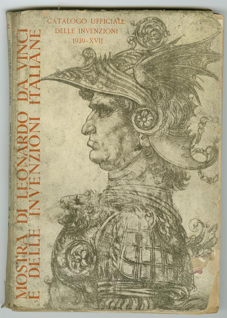 Front cover of the 1939 exhibition showing Leonardos ink drawing of the profile of an armoured soldier