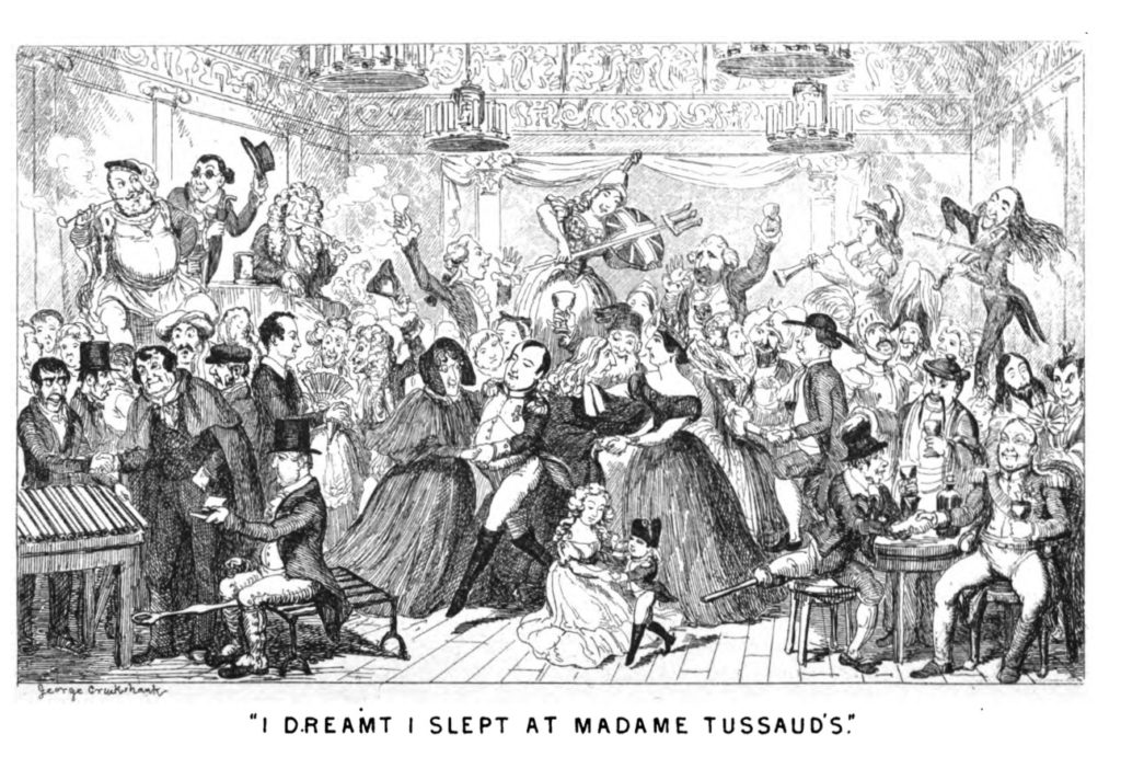 Black and white cartoon illustration entitled Last night I dreamt I slept at Madame Tussauds