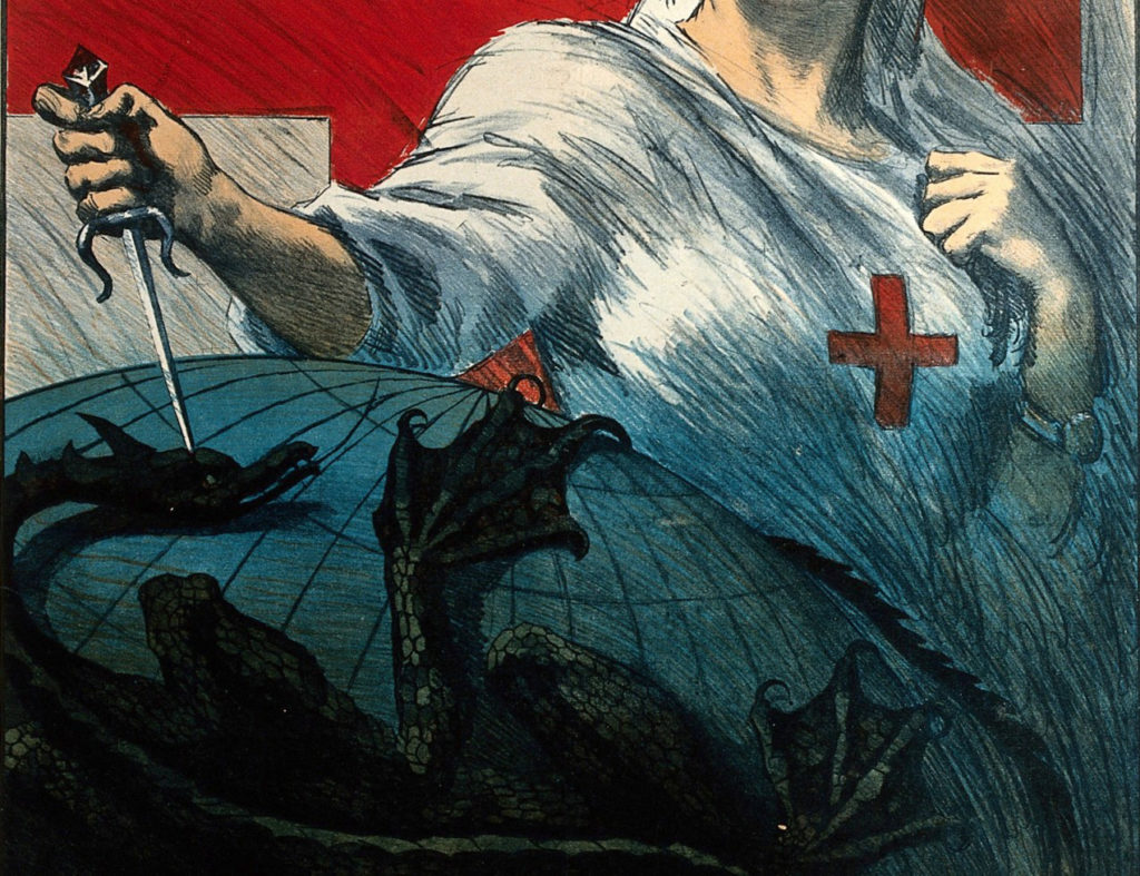 Illustration for Disease video of a nurse stabbing a dragon encircling a globe