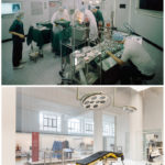 Colour photographs of an operating theatre diorama and a theatre exhibition display