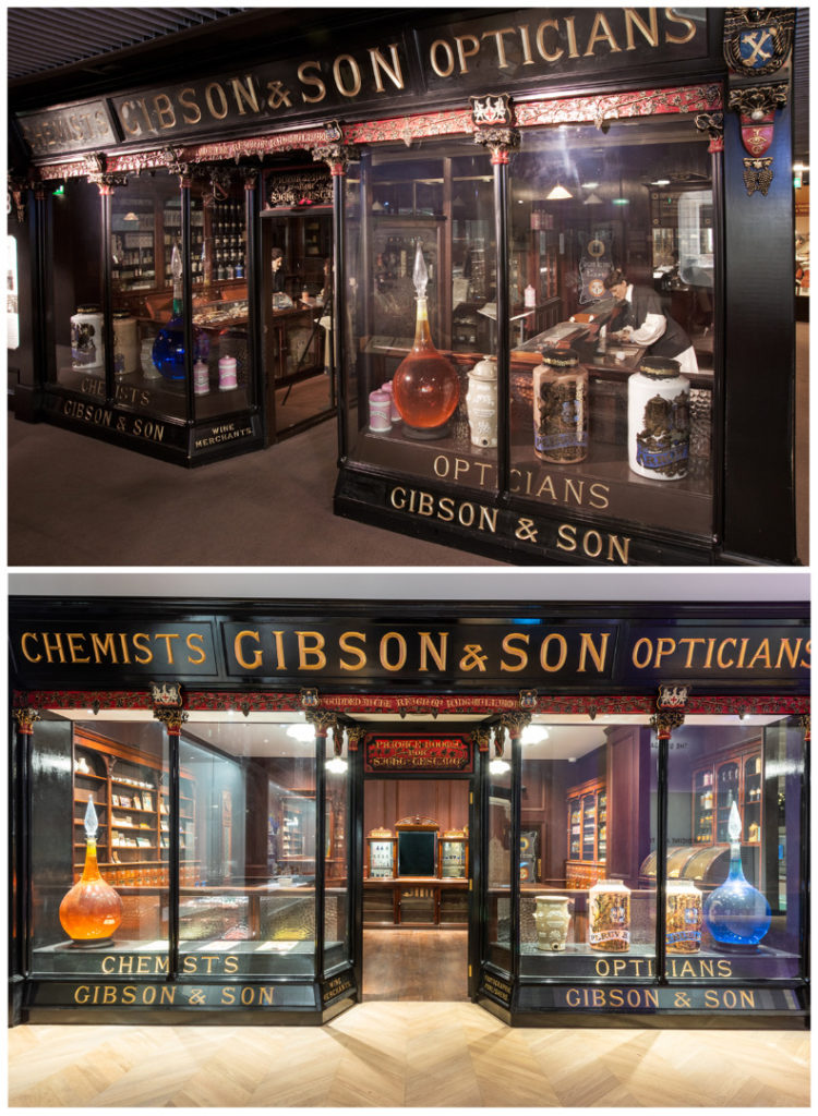 Colour photographs of a Victorian pharmacy museum display