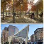 Colour photographs of a proposal for a memorial grove and the AIDS memorial structure in New York