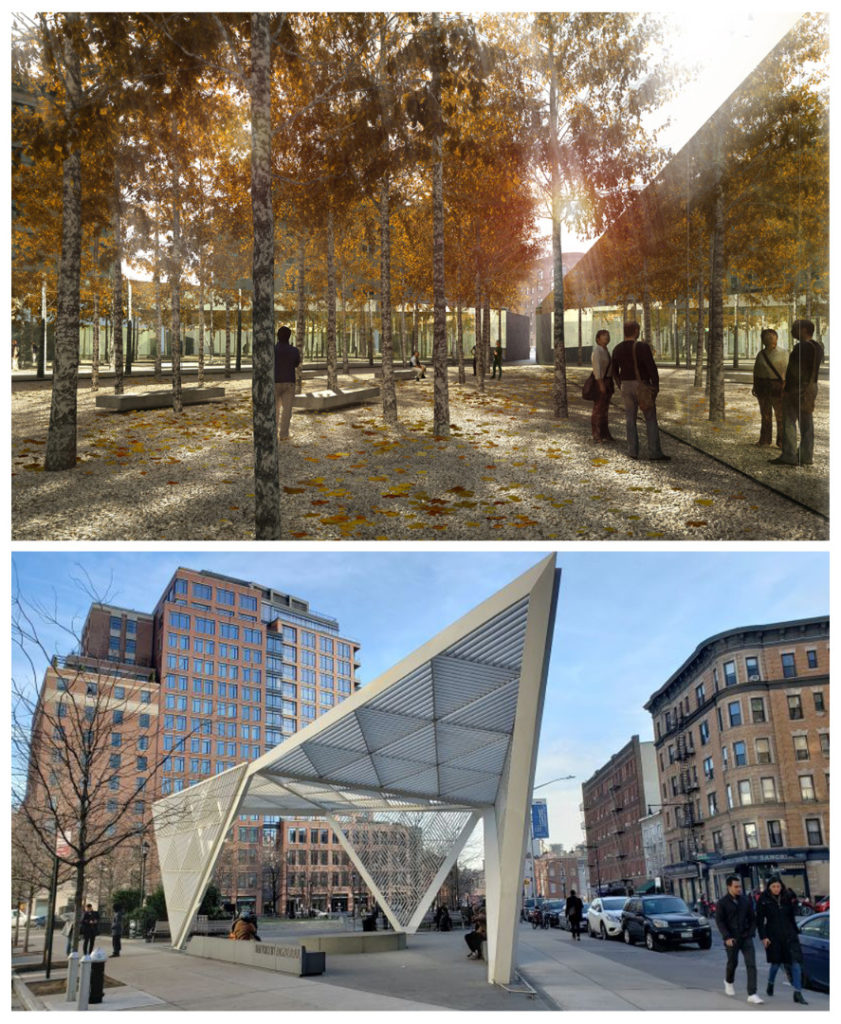 Colour photographs of a proposal for a memorial grove and the AIDS memorial structure in New York