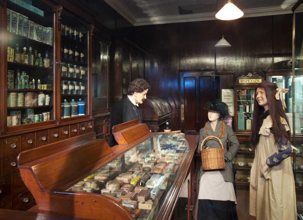 Colour photograph of a Victorian pharmacy museum diorama