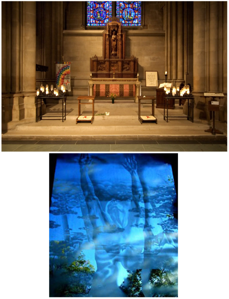 Colour photograph of an AIDS memorial inside a church and Colour photograph of an AIDS memorial chapel that has been transformed into the frontage of a bookshop