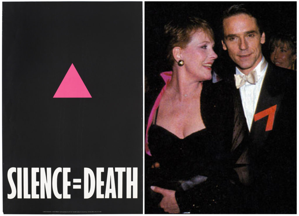 A poster used by the Silence equals Death project that depicts a pink triangle on a black background and photograph of a red ribbon highlighting the AIDS crisis is worn by the actor Jeremy Irons