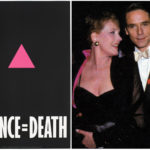 A poster used by the Silence equals Death project that depicts a pink triangle on a black background and photograph of a red ribbon highlighting the AIDS crisis is worn by the actor Jeremy Irons