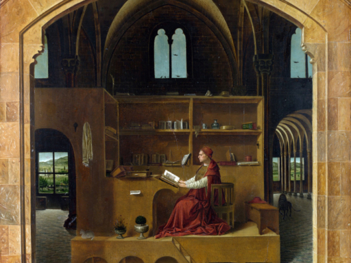 Oil painting of Saint Jerome reading in his study from 1474