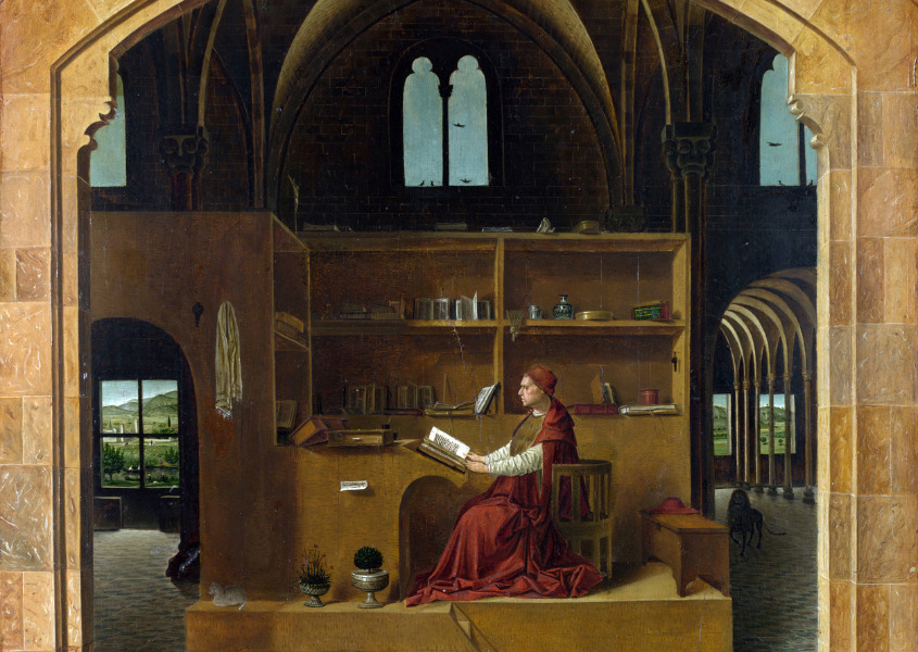 Oil painting of Saint Jerome reading in his study from 1474